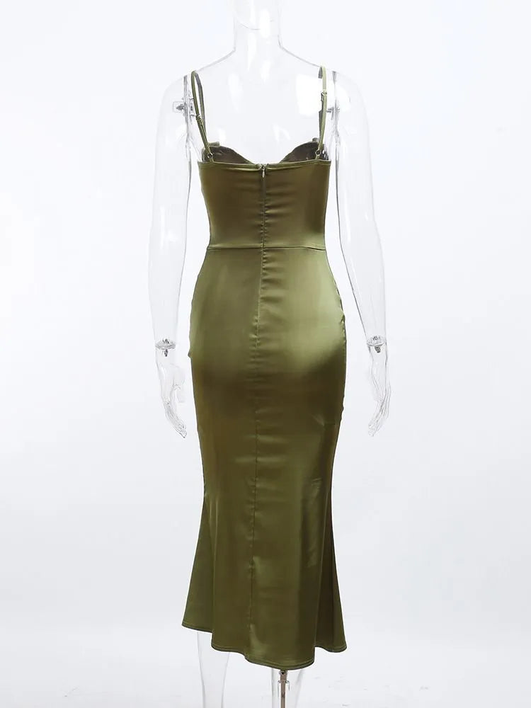 Robe Weitese en satin, col bas, bretelles spaghetti, taille haute, robe mi-longue, chic, robe de soirée, robe de bal